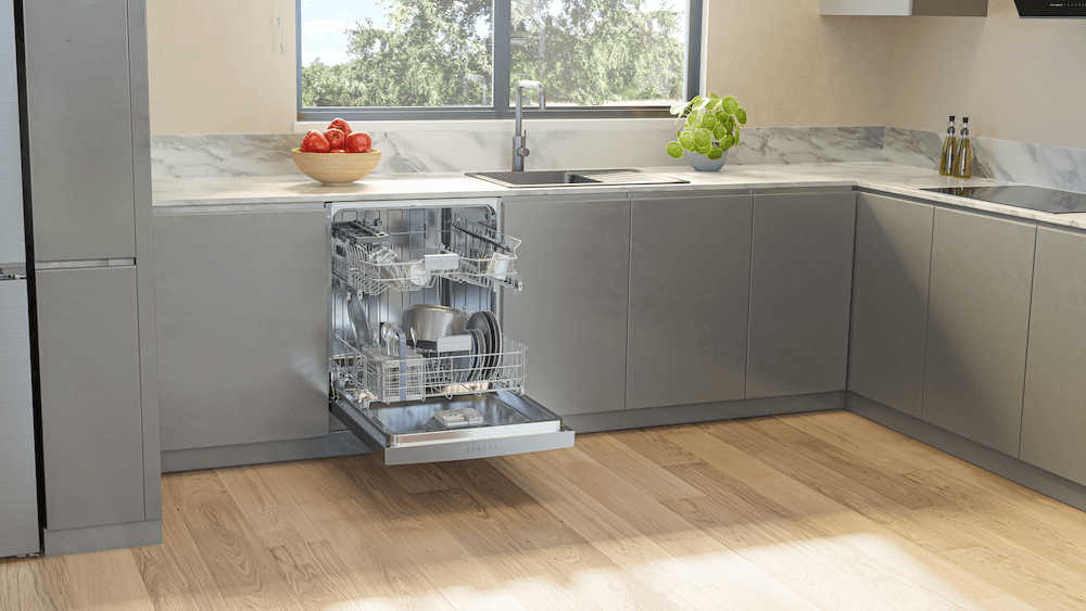 A wide angle view of an open and completely loaded dishwasher